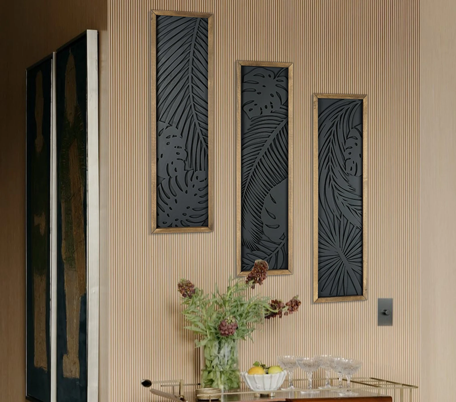 Tropical Monstera & Palm Leaves 3-Piece Wooden Wall Art Set (25x70cm)x3