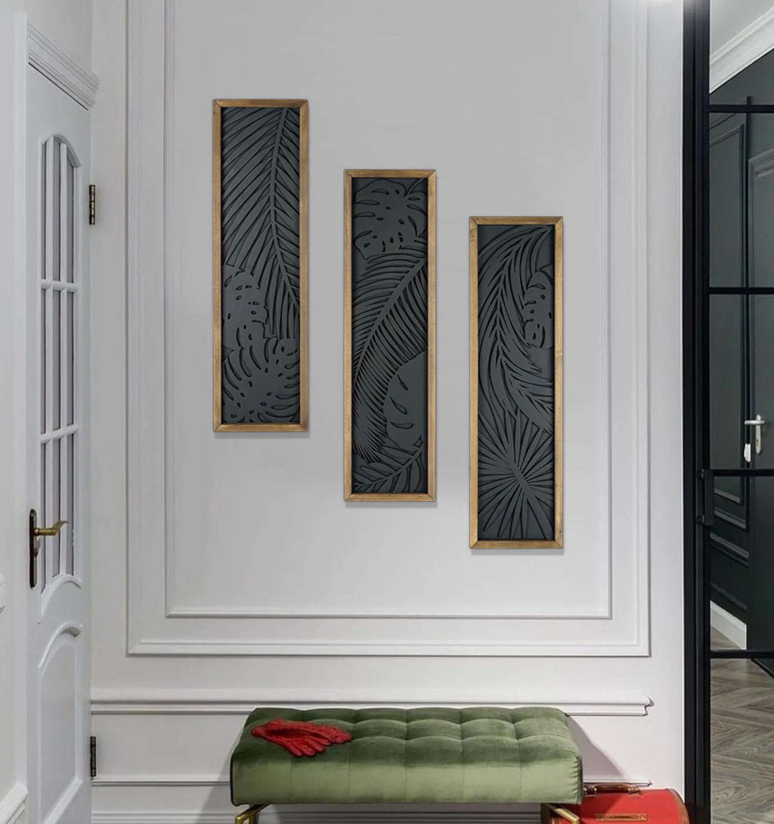 Tropical Monstera & Palm Leaves 3-Piece Wooden Wall Art Set (25x70cm)x3