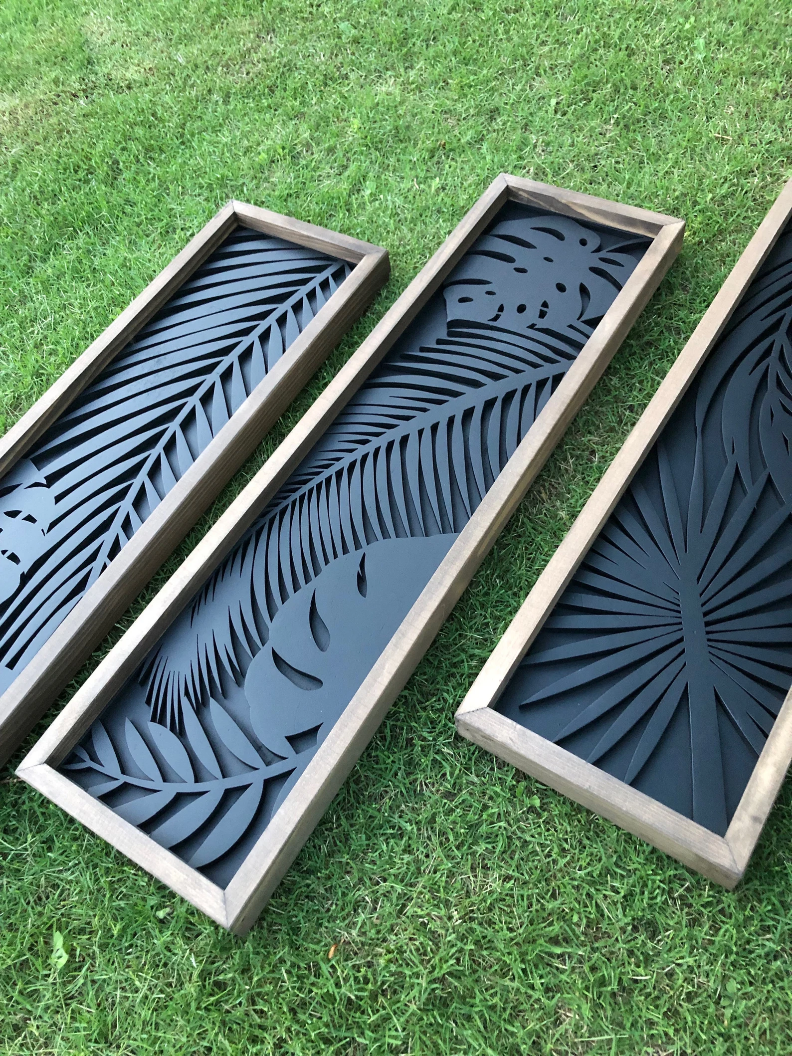 Tropical Monstera & Palm Leaves 3-Piece Wooden Wall Art Set (25x70cm)x3